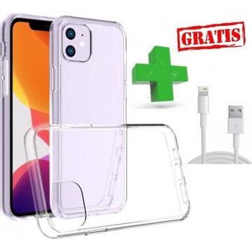 iPhone 11 Hoesje + GRATIS Lightning USB kabel, Anti shock Transparant Siliconen Case Cover 1.0 mm