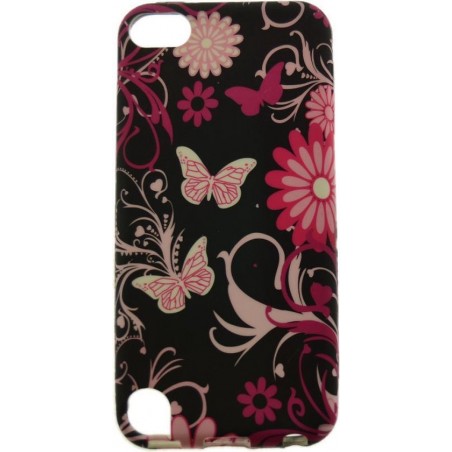 Ipod Touch 5 / 6 / 7 (2019) Hoesje Bloemen en Vlinders - Zwart / Roze - Meisje - TPU