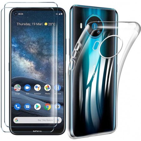 Nokia 8.3  Hoesje - Transparant TPU Siliconen Case & 2X Tempered Glas Combi - Transparant