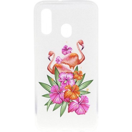 Shop4 - Samsung Galaxy A40 Hoesje - Zachte Back Case Flamingo en Bloemen Roze