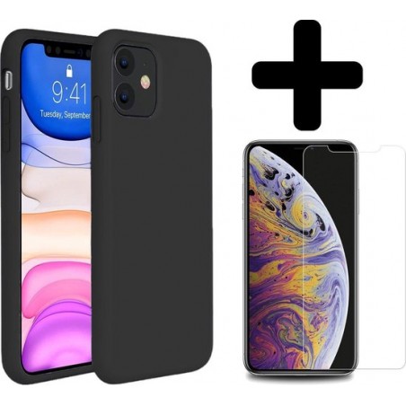 iPhone 11 Hoesje Silicone Case Zwart + Screenprotector Gehard Glas