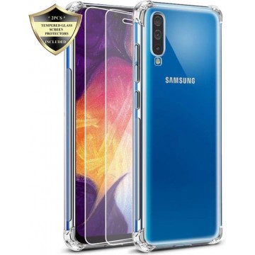 Samsung Galaxy A50 Hoesje - Anti Shock Hybrid Case & 2X Tempered Glas Combi - Transparant