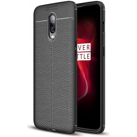 OnePlus 6T Litchi Kunstleren Coating TPU Hoesje Zwart