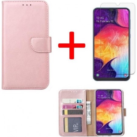 Samsung Galaxy A50 hoesje book case Goud + tempered glas screenprotector