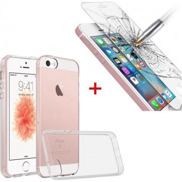 Apple iPhone SE Ultra Thin 0.3mm Gel Silicone Transparant Case Hoesje + Glazen Screenprotector Tempered Glass  (0.3mm)