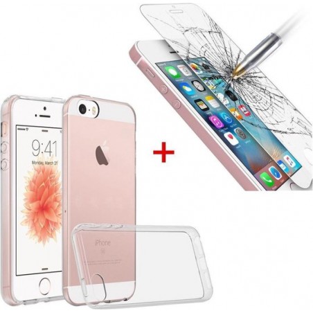 Apple iPhone SE Ultra Thin 0.3mm Gel Silicone Transparant Case Hoesje + Glazen Screenprotector Tempered Glass  (0.3mm)