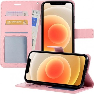 Iphone 12 Hoesje Book Case Cover Lederlook Hoes Wallet - Licht Roze