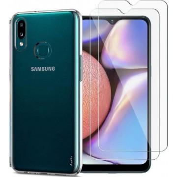 Samsung Galaxy A10S Hoesje - Soft TPU Siliconen Case & 2X Tempered Glas Combi - Transparant