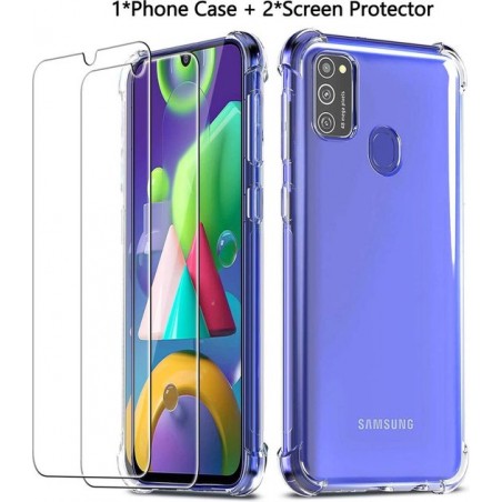 Samsung Galaxy M21 Hoesje - Anti Shock Hybrid Case & 2X Tempered Glas Combi - Transparant