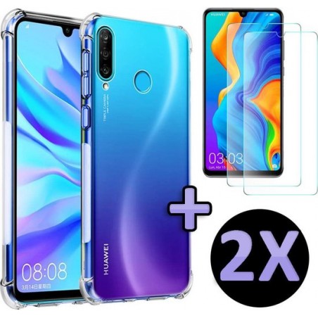Huawei P30 Lite & P30 Lite (New Edition) Hoesje Transparant - Anti Shock Hybrid Back Cover & 2X Glazen Screen Protector