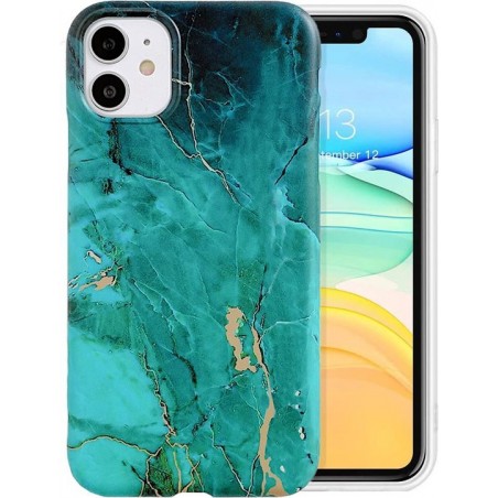 IYUPP iPhone 11 Hoesje Marmerprint Groen x Goud Zee Marmer Cover