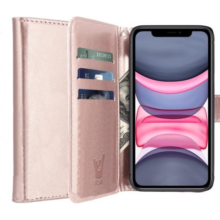 iphone 11 hoesje - iphone 11 case roségoud book cover leer wallet - hoesje iphone 11 apple - iphone 11 hoesjes cover hoes