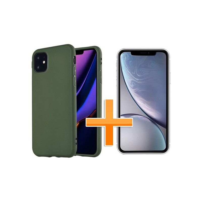 Apple iPhone 11 Hoesje - Siliconen Backcover & Tempered Glass Combi - Groen