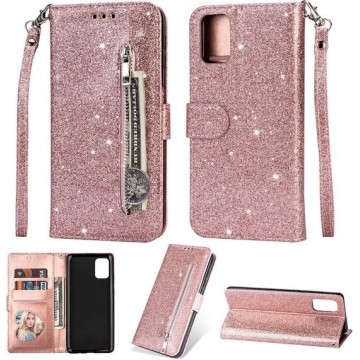Samsung Galaxy A41 Glitter Bookcase hoesje Portemonnee met rits  - Rose Goud