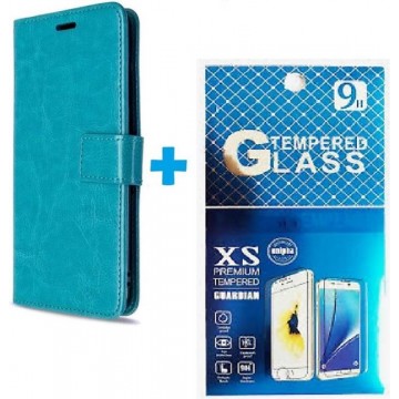 Samsung Galaxy A42 hoesje book case + 2 stuks Glas Screenprotector turquoise