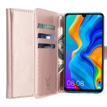 iCall - Huawei P30 Lite Hoesje - Lederen TPU Book Case Portemonnee Flip Wallet - Roségoud