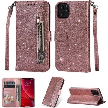 iPhone 11 Glitter Bookcase hoesje Portemonnee met rits  - Rose Goud