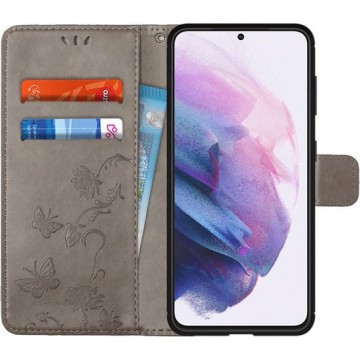 Samsung Galaxy S21 Plus Hoesje Wallet Case met Vlinder Print Grijs