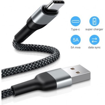 DrPhone SC2 True® - 5A SuperCharge Gevlochten USB-C Kabel - Data + Oplaadkabel Type-C - 1 Meter - Zwart