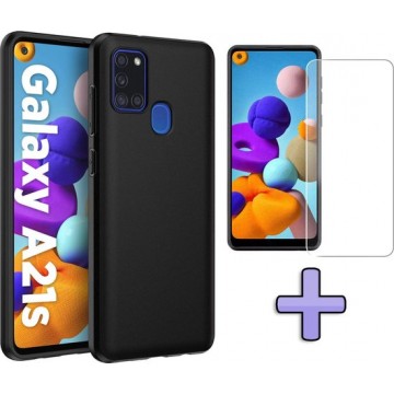 Samsung Galaxy A21S Hoesje Zwart - Siliconen Back Cover & Glazen Screenprotector