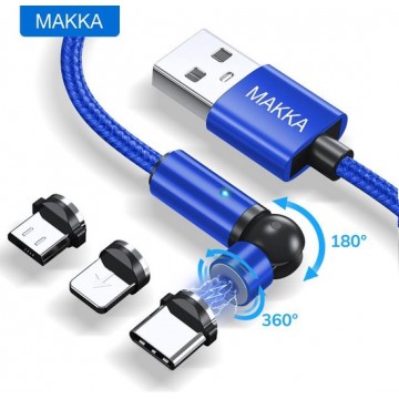 Makka 3-in-1 Magnetische oplaadkabel inclusief kabelbinder - USB-C Lightning (iPhone) & Micro-USB - Blauw