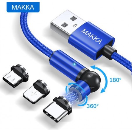 Makka 3-in-1 Magnetische oplaadkabel inclusief kabelbinder - USB-C Lightning (iPhone) & Micro-USB - Blauw