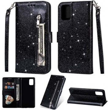 Samsung Galaxy A71 Glitter Bookcase hoesje Portemonnee met rits  - Zwart