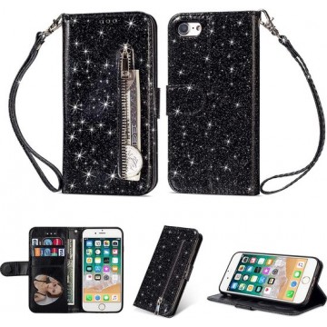 iPhone SE 2020 / 7 / 8 Glitter Bookcase hoesje Portemonnee met rits  - Zwart