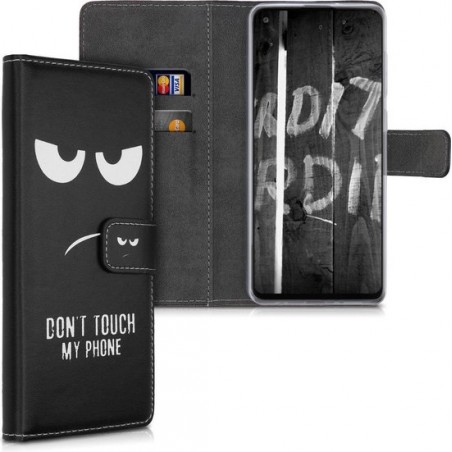 kwmobile hoesje voor Samsung Galaxy A21s - hoes van imitatieleer met pasjeshouder - Don't Touch My Phone design - wit / zwart