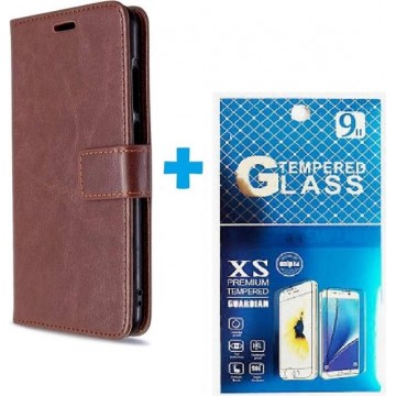 Motorola Moto G8 Power Lite hoesje book case + 2 stuks Glas Screenprotector bruin