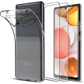 Samsung Galaxy A42 5G Hoesje Transparant - Siliconen Back Cover & 2X Glazen Screenprotector