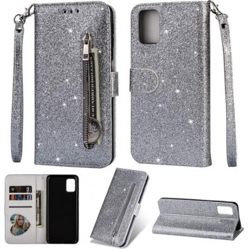 Samsung Galaxy A71 Glitter Bookcase hoesje Portemonnee met rits  - Zilver