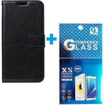 OnePlus 6 hoesje book case + 2 stuks Glas Screenprotector zwart