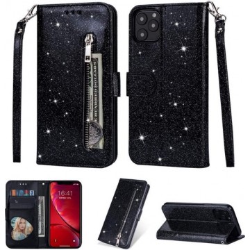 iPhone 11 Glitter Bookcase hoesje Portemonnee met rits  - Zwart