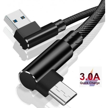 DrPhone D9 Micro USB Dubbele 90° Haakse Nylon Gevlochten 2.4A kabel – 2 Meter -Datasynchronisatie & Snel opladen – Zwart