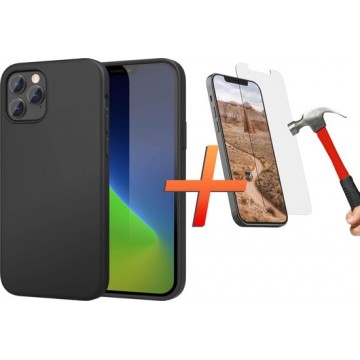 iPhone 12 / iPhone 12 PRO back cover - zwart siliconen hoesje - matte coating - 1x tempered glass screenprotector - EPICMOBILE