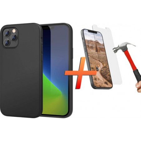 iPhone 12 / iPhone 12 PRO back cover - zwart siliconen hoesje - matte coating - 1x tempered glass screenprotector - EPICMOBILE