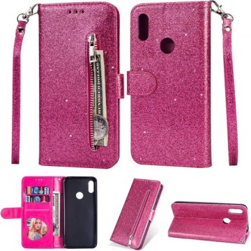 Samsung Galaxy A10S Glitter Bookcase hoesje Portemonnee met rits  - Roze