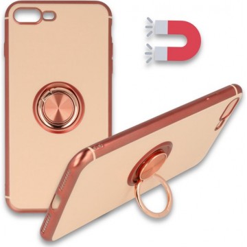 Apple iPhone 7 Plus & 8 Plus Hoesje Roségold - Siliconen Back Cover met Ring Kickstand - Geschikt voor Magneet Houders