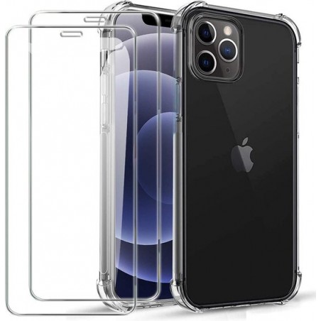 Apple iPhone 12 & iPhone 12 Pro Hoesje Transparant - Anti Shock Hybrid Back Cover & 2X Glazen Screenprotector