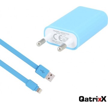 USB lader reislader slimline + 2 meter platte data kabel Licht Blauw voor Apple iPhone, iPod, iPad lightning