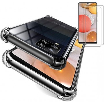 Samsung Galaxy A42 5G Hoesje Transparant - Anti Shock Hybrid Back Cover & 2X Glazen Screenprotector
