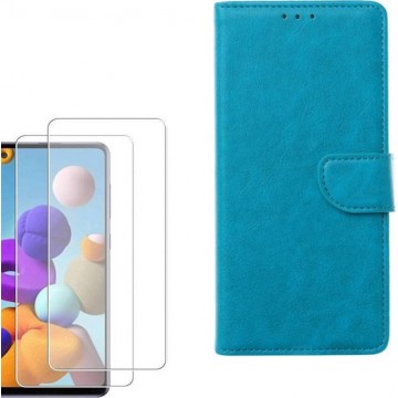 Samsung Galaxy A21S Portemonnee hoesje Turquoise met 2 stuks Glas Screen protector