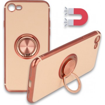 Apple iPhone 7, 8 & SE 2020 Hoesje Roségold - Siliconen Back Cover met Ring Kickstand - Geschikt voor Magneet Houders