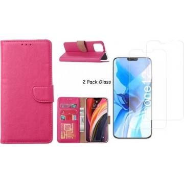 iPhone 12 Mini hoesje - bookcase / wallet cover portemonnee Bookcase Pink + 2x tempered glass / Screenprotector
