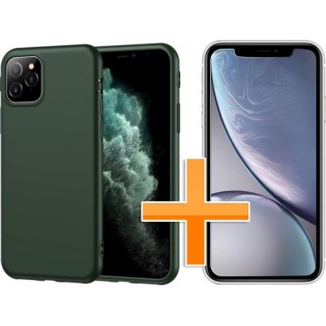 Apple iPhone 11 Pro Hoesje - Siliconen Backcover & Tempered Glass Combi - Groen