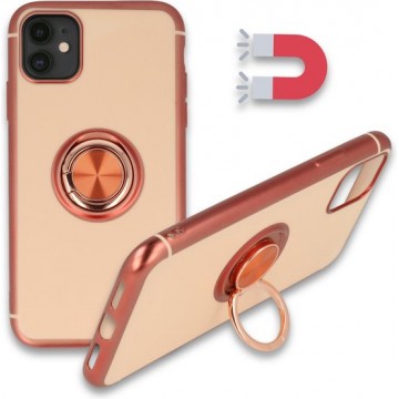 Apple iPhone 11 Hoesje Roségold - Siliconen Back Cover met Ring Kickstand - Geschikt voor Magneet Houders