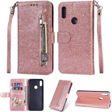 Samsung Galaxy A20S Glitter Bookcase hoesje Portemonnee met rits  - Rose Goud