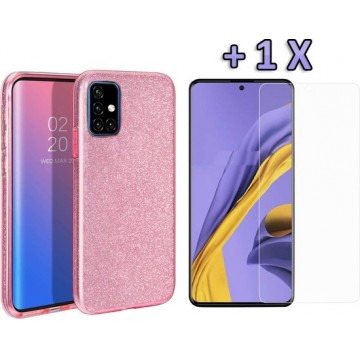 Samsung Galaxy A51 Hoesje - Siliconen Glitter Backcover & Tempered Glass - Roze