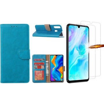 Huawei P30 Lite New Edition  Hoesje / P30 Lite portemonnee hoesje Turquoise / book case met 2 pack screenprotector